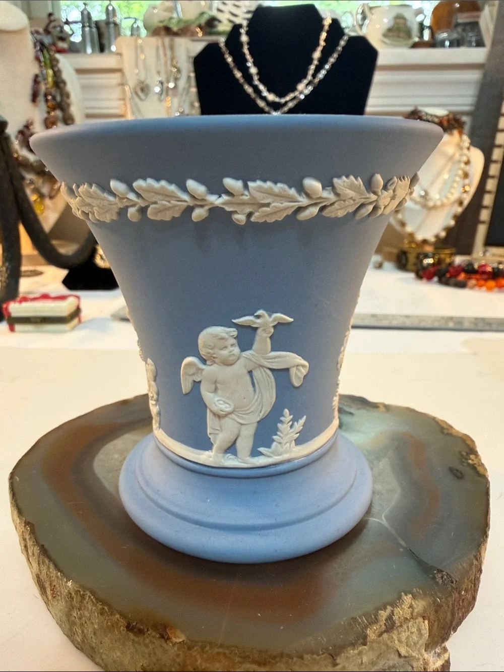 Wedgwood Blue Jasperware Urn vase with Cherub Reliefs Guc 3.25” x 2.5”